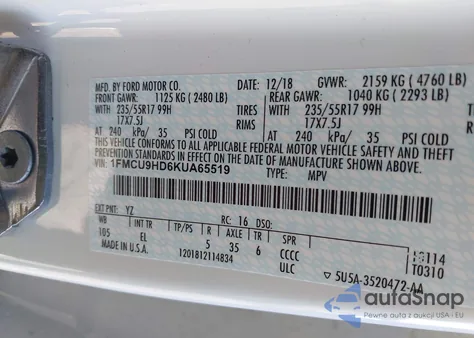 2019 Ford Escape Sel z USA, uszkodzony, nr VIN 1FMCU9HD6KUA65519